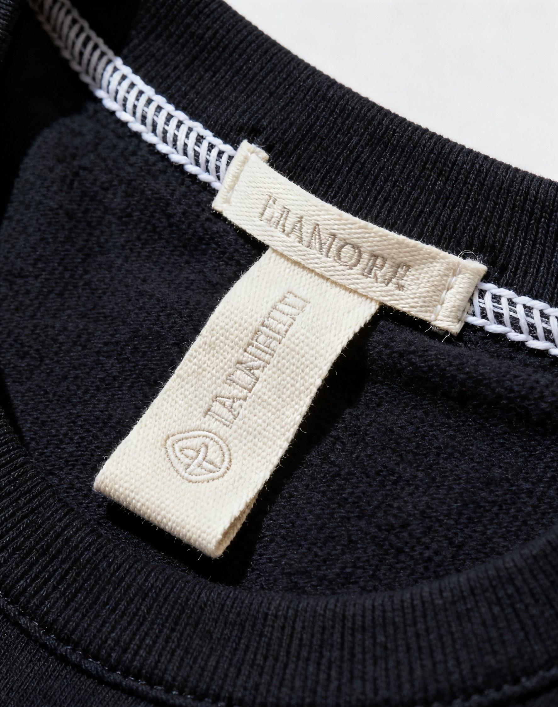 End fold woven label sewn into garment collar neatly.
